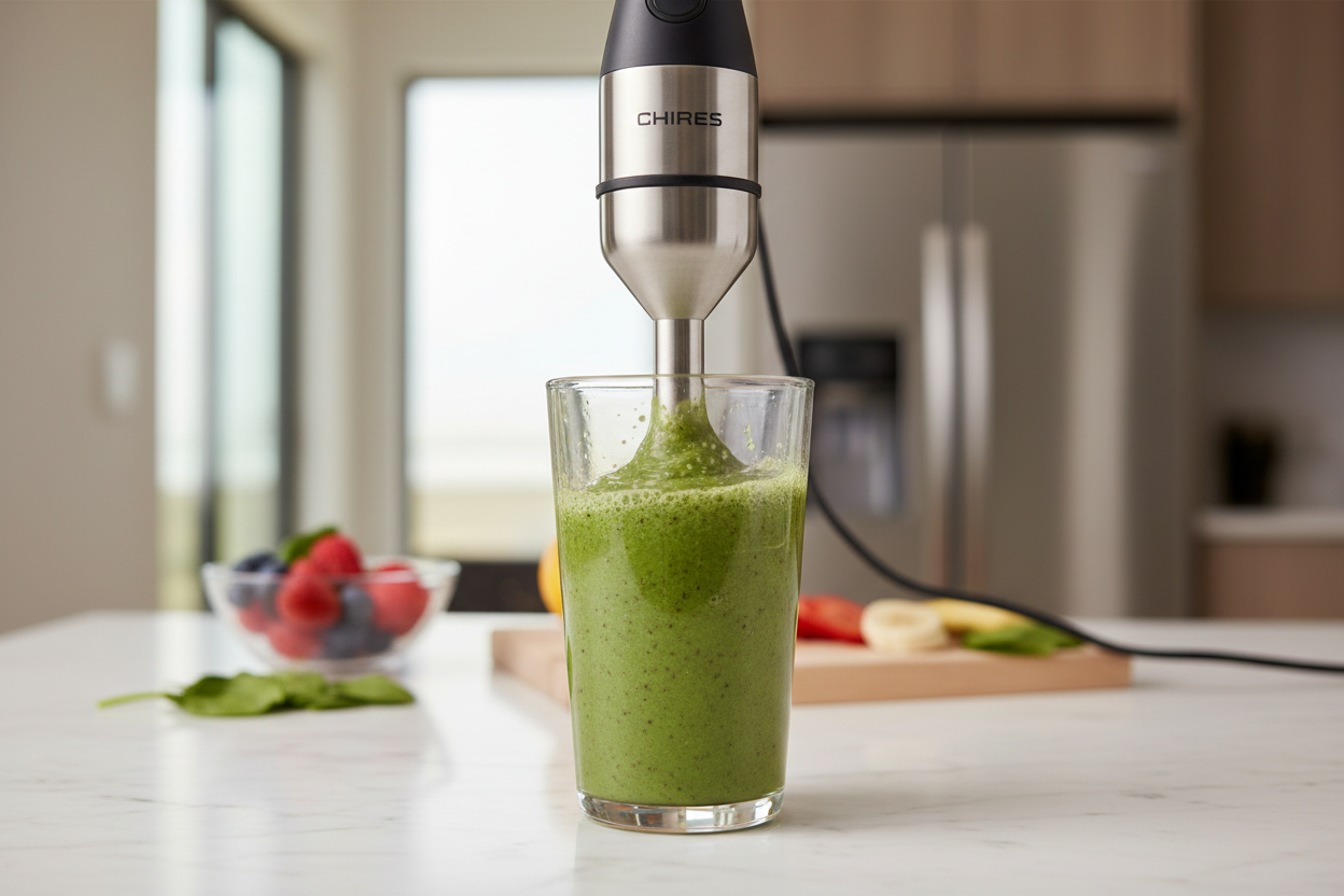 Mixeur plongeant en action préparant un smoothie